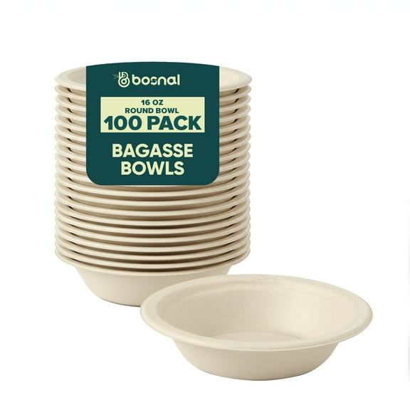 BOSNAL 16 Oz Round Bagasse Bowls (100 Pack) – Compostable, Biodegradable & Eco-Friendly Disposable Bowls for Hot and Cold Food, Parties & Catering