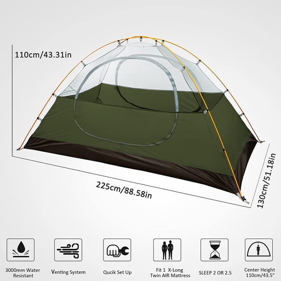 2-Person Camping Tent - Waterproof, Two Doors, 31-Square-Foot Interior, 4-Season Use
