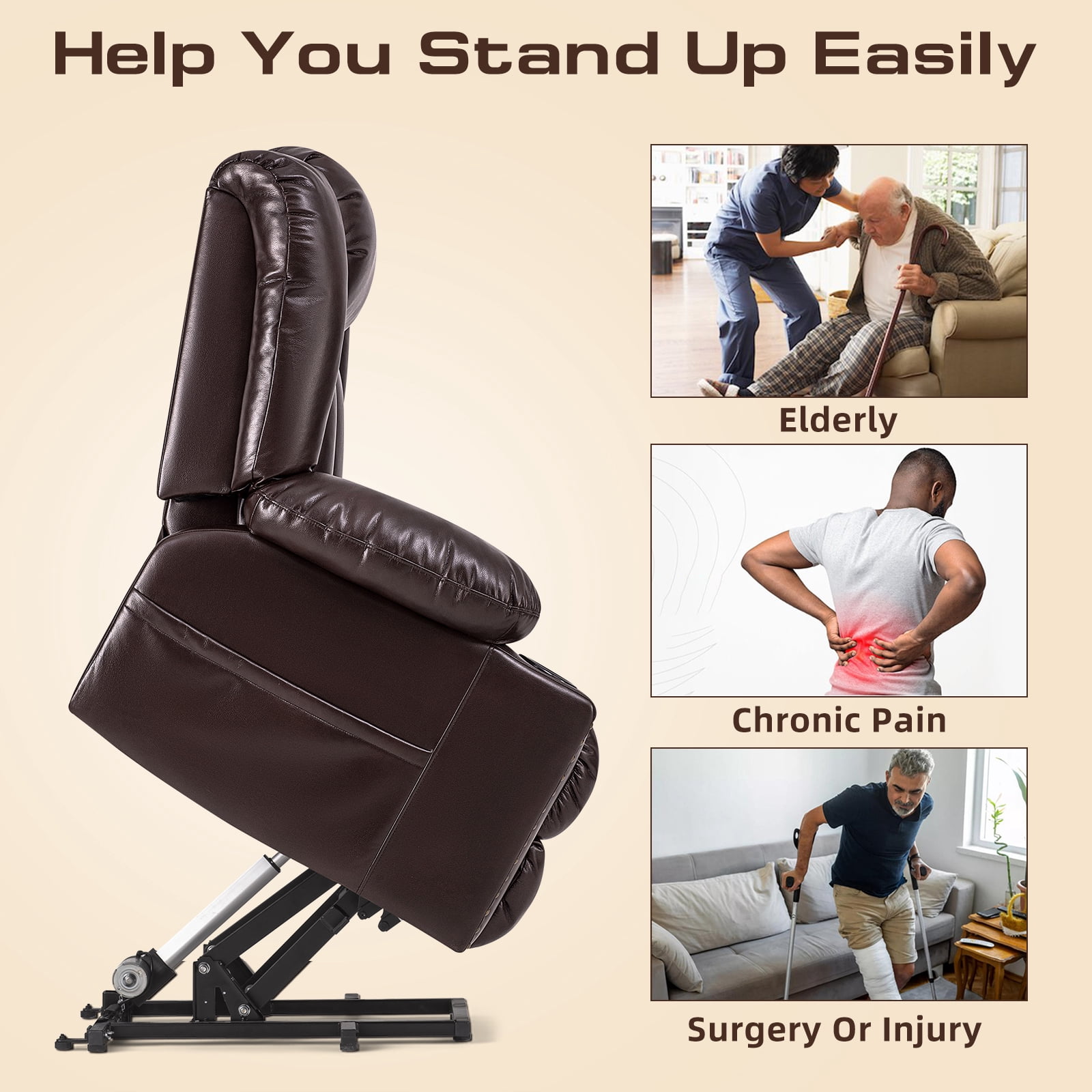 Large Power Lift Chairs Recliners for Elderly with Heated and Massage, Overstuffed Adjustable Lift Chairs, 3 Positions, Breathable Leather, USB-A and USB-C, Cup Holder, Side Pocket, Dark Brown