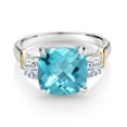 thumbnail image 2 of 925 Silver and 10K Yellow Gold Swiss Blue Topaz and Moissanite 3 Stone Ring for Women (4.51 Cttw, Gemstone November Birthstone, Cushion Checkerboard 10MM, Round 4MM, Available in Size 5, 6, 7, 8, 9), 2 of 3
