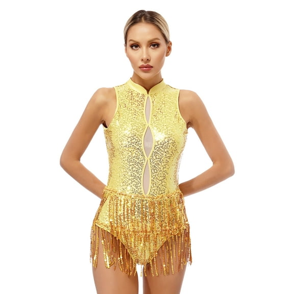 Fldy Women's Sequined Tassel Latin Jazz Costume Fringed Bodysuit Tap Ballroom Lyrical Dance Leotard Gold XXL