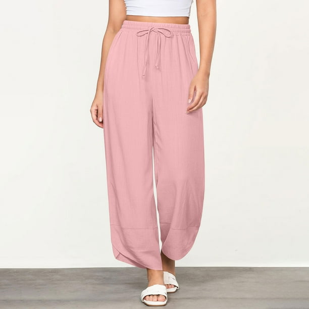Karight Linen Pants Women Summer Beach Lounge Palazzo Trousers Loose Elastic Plus Size Drawstring with Pockets Pants