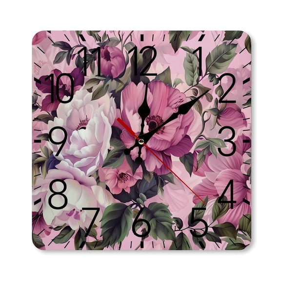 RKSupls 10×10inch Square Silent Wall Clock Wooden Frame, Pink Peony Leaves Scale Decorative Clock for Home Bedroom Living Room Office