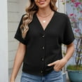 thumbnail image 2 of Fashion Olyvenn Women Waffle Knit Button Down T-Shirts Dressy Short Sleeve V Neck Cropped Tops Casual Loose Fit Office Work Blouses Black XXL, 2 of 8