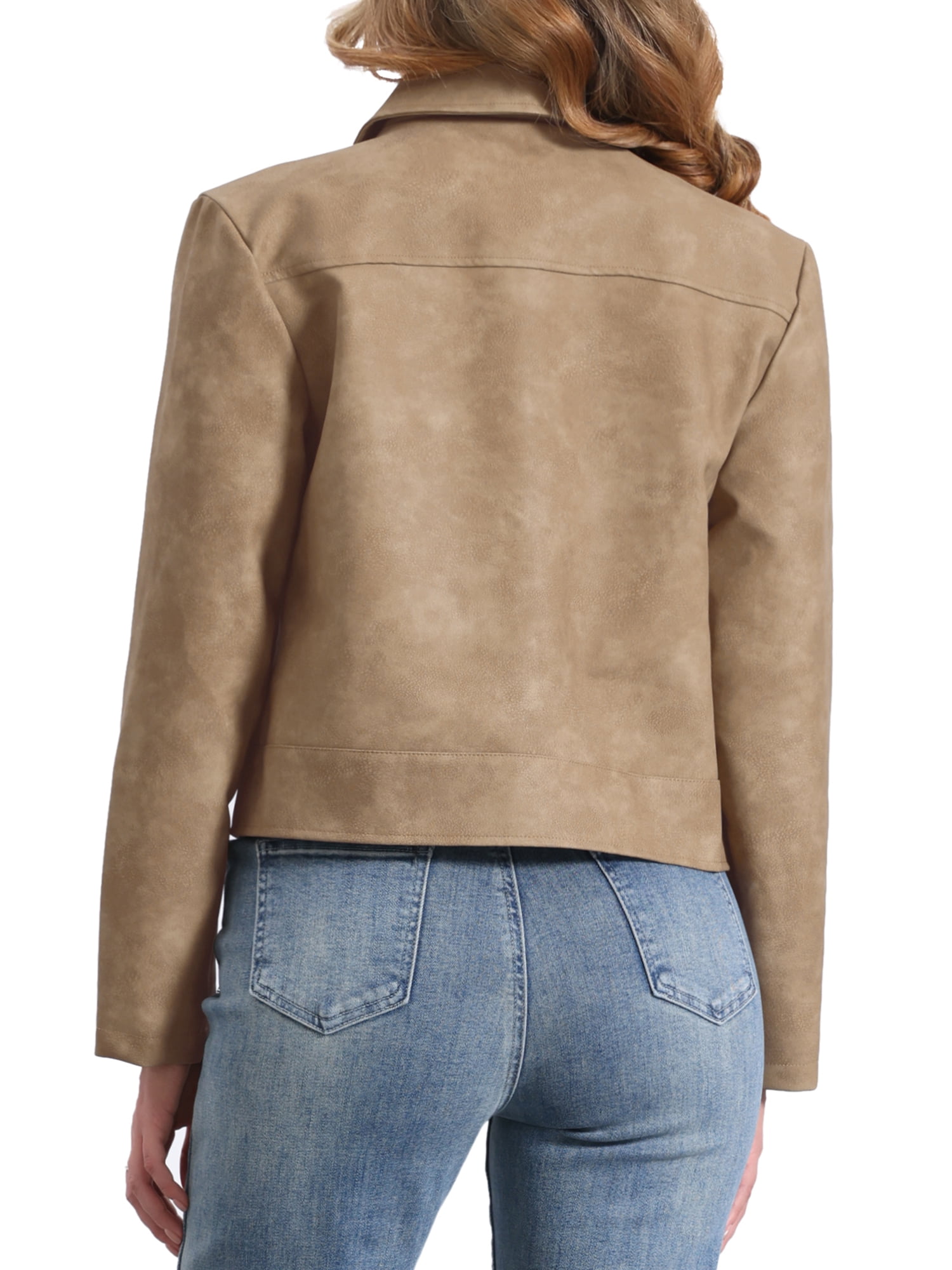 INSPIRE CHIC Women's Faux Leather Jacket Turndown Collar Long Sleeve Zip Jackets XS Tan