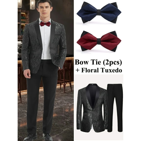 Men'S Wedding Tuxedo Set   Classic Bow Tie - Elegant Floral Jacquard Blazer - Polyester Suits