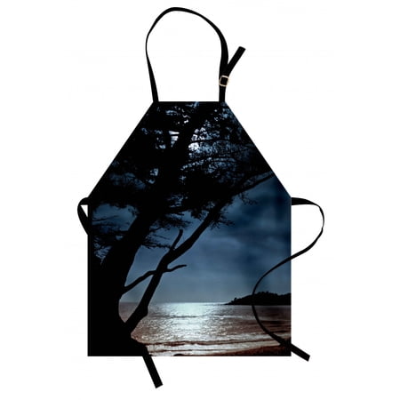 Landscape Apron  Romantic Late Night Lonely Tree Silhouettes and Seascapes Rippling Ocean  Unisex Kitchen Bib with Adjustable Neck for Cooking Gardening  Adult Size  Black and Blue  by Ambesonne