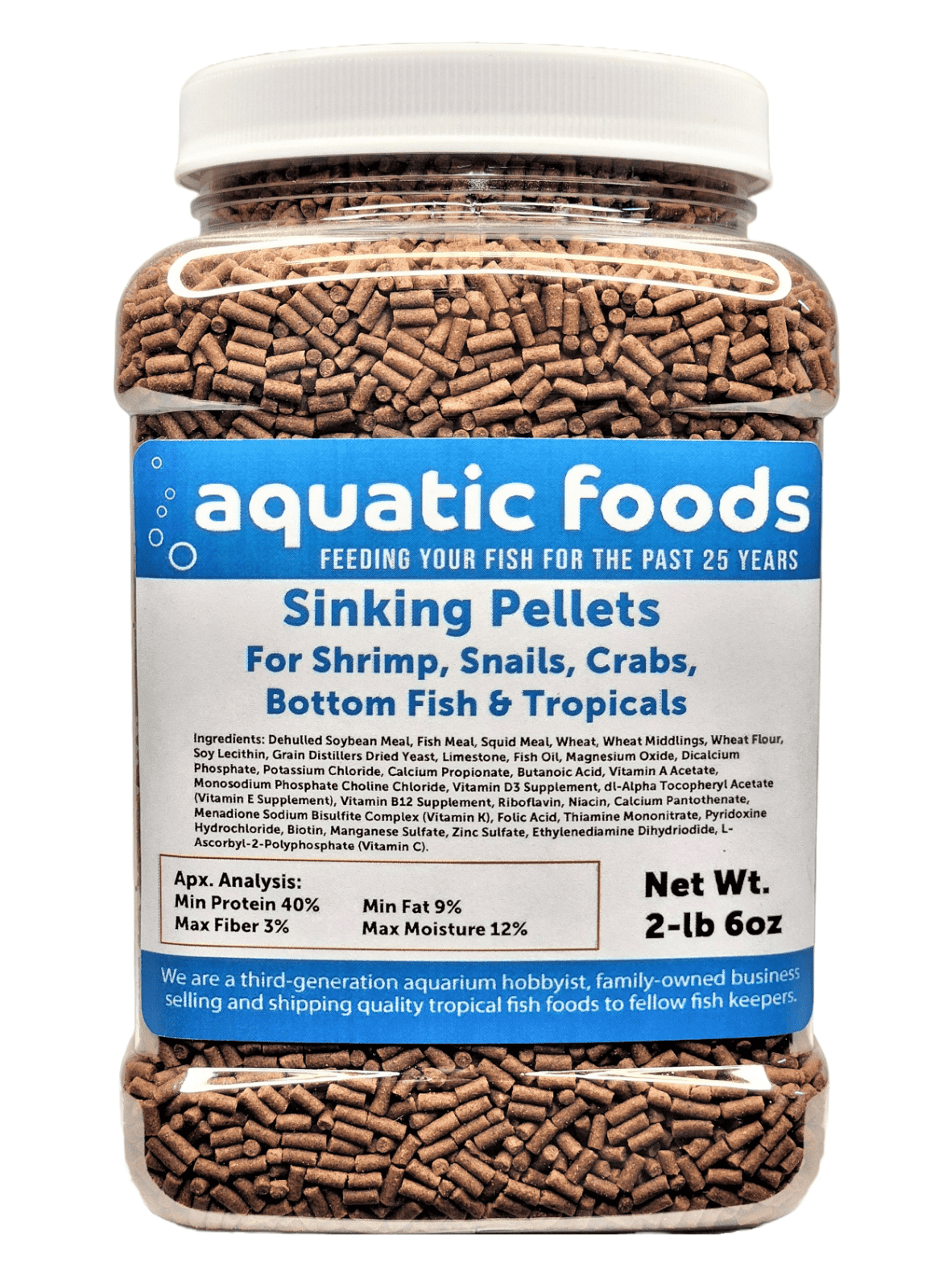 Shrimp Pellets, 40% Protein Sinking Pellets, 1/16" x 3/8" Pellets for Shrimp, Snails, Crabs, Catfish, Plecos for All Tropical Fish, Pellets by Zeigler…2-lb 6oz Med Jar