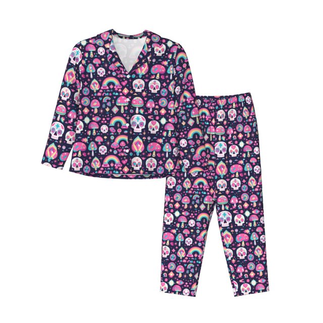 Fotbe cute Skull rainbow mushroom Conjunto de Pijama de Manga Larga para Mujer con Estampado, Ropa de Dormir de 2 Piezas, Conjunto de Casa Suave y Cómodo con Bolsillos-Small