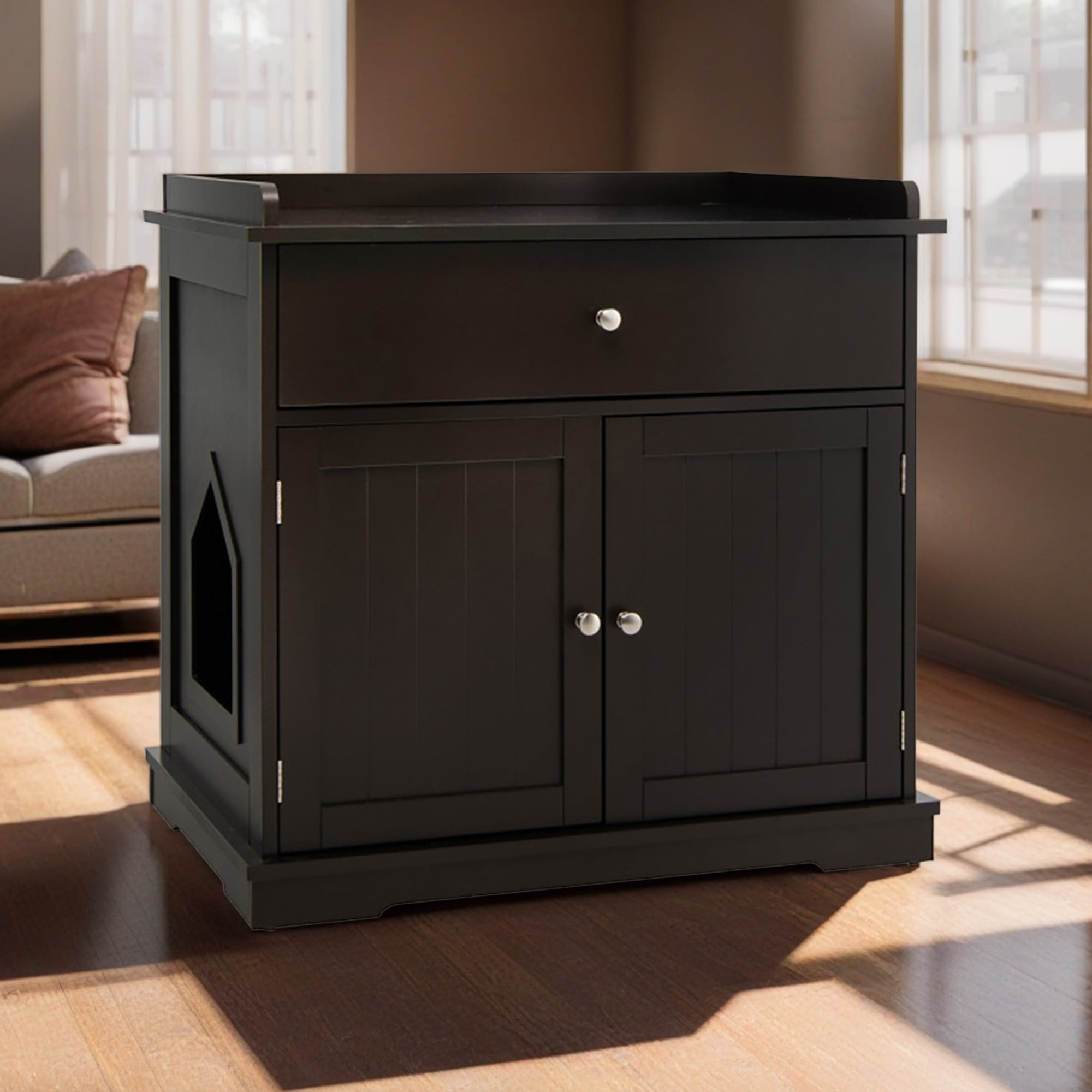 resenkos 30" Cat Litter Box Furniture with Drawer, Cat Washroom Hidden Litter Box Enclosure, Indoor Wood Cat House Cabinet, Brown