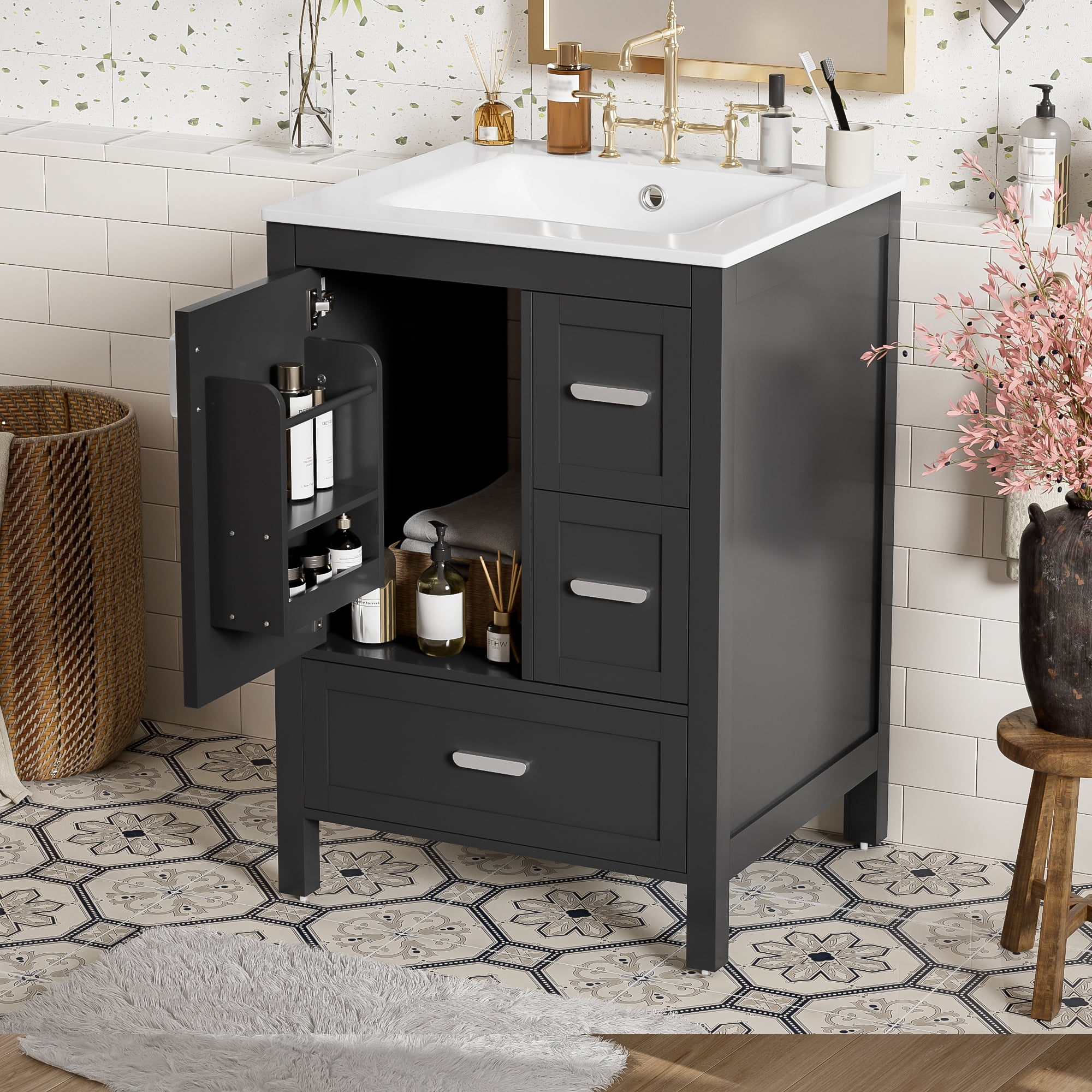 Euroco Modern 24-inch Bathroom Vanity with Ceramic Sink, Soft-Close Door, Double-Layer Door Shelf, and 3 Drawers
