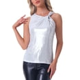 thumbnail image 1 of INSPIRAR CHIC Top de Mujer Sin Mangas Cuello Redondo Metálico Brillante Fiesta Nudo Torcido Cami Tops XL Blanco Plateado, 1 of 6