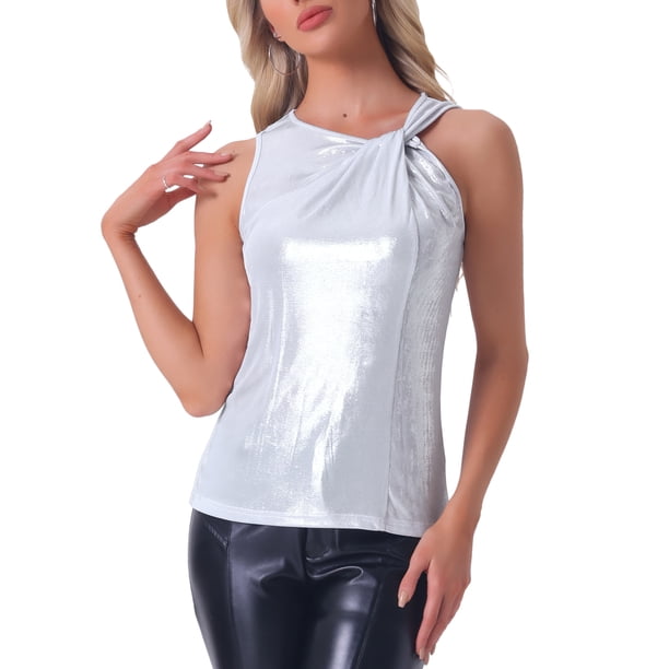 INSPIRAR CHIC Top de Mujer Sin Mangas Cuello Redondo Metálico Brillante Fiesta Nudo Torcido Cami Tops XL Blanco Plateado