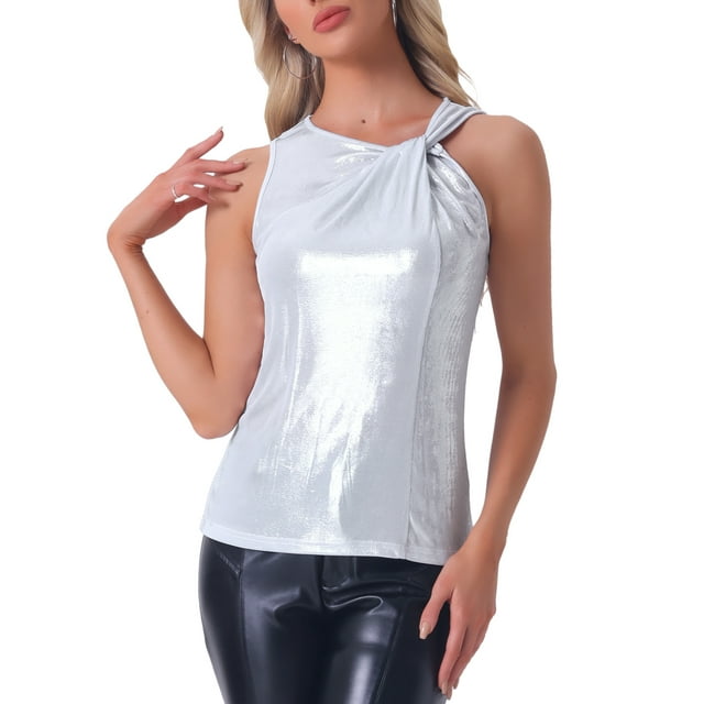 INSPIRAR CHIC Top de Mujer Sin Mangas Cuello Redondo Metálico Brillante Fiesta Nudo Torcido Cami Tops XL Blanco Plateado