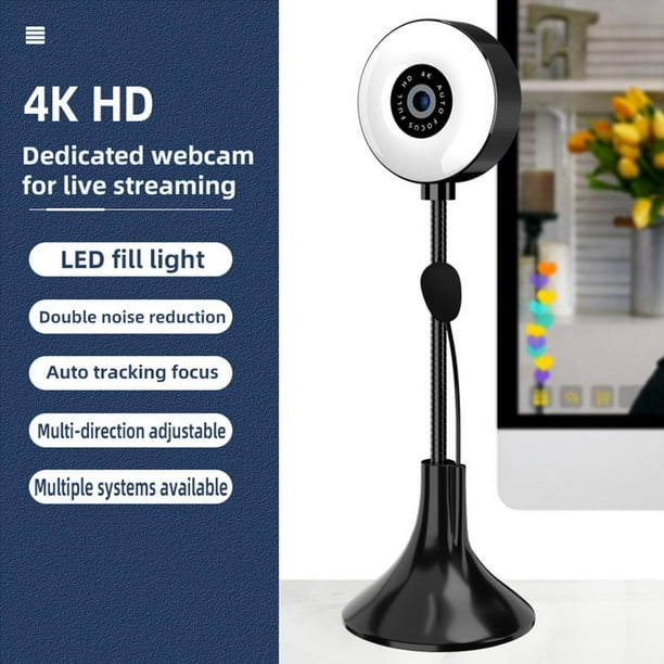 Cámara Web 4K Multidireccional con Micrófono Base Antideslizante Luz de Relleno LED Cámara Web USB para Transmisión Por Internet Transmisión de Skype Hugo Cámara web