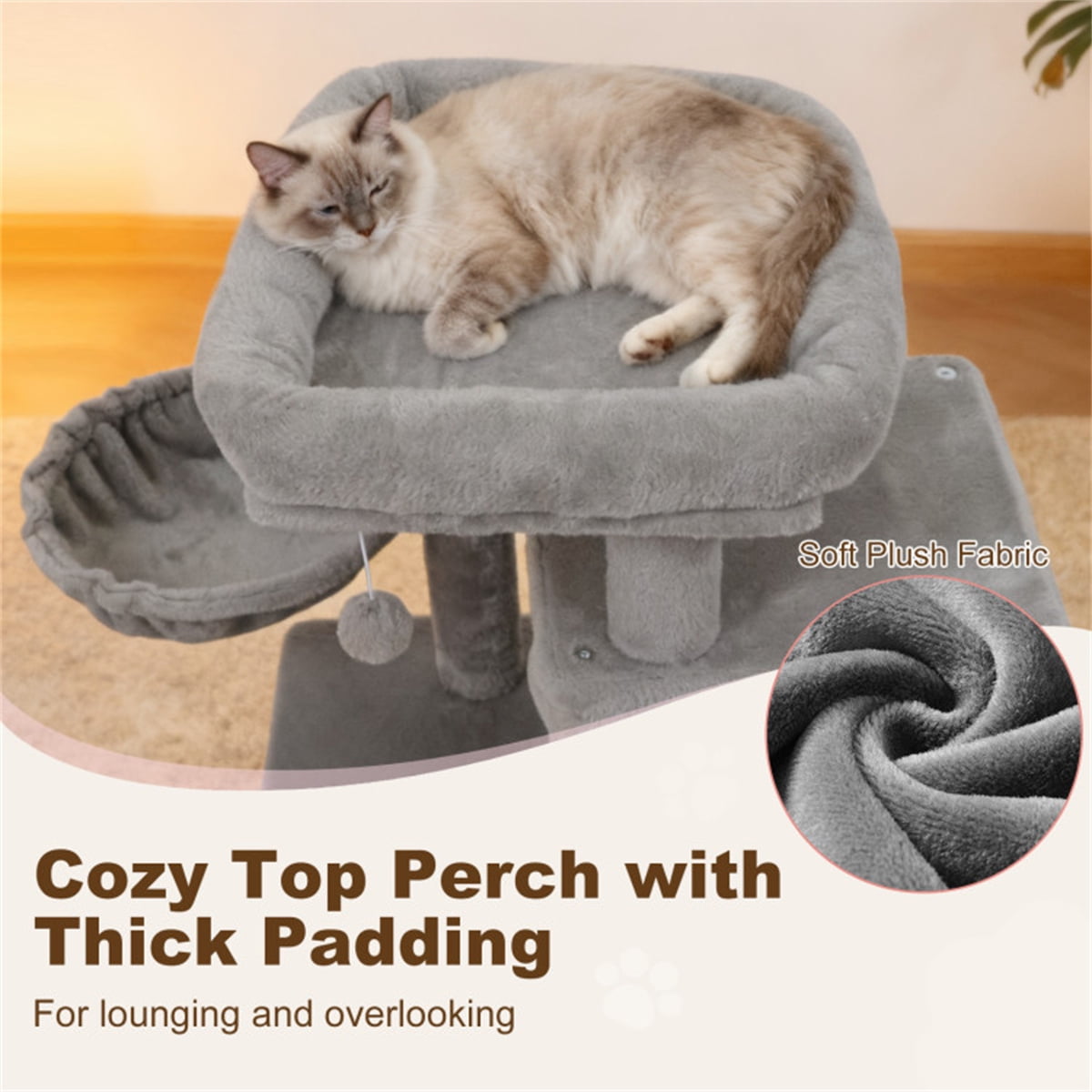 ZephyPaws Tall Cat Tree Tower for Indoor Cat, 35in Multiple-Level Cat Condo with 2 Caves, Cat Scratching Posts,Perches,Gray