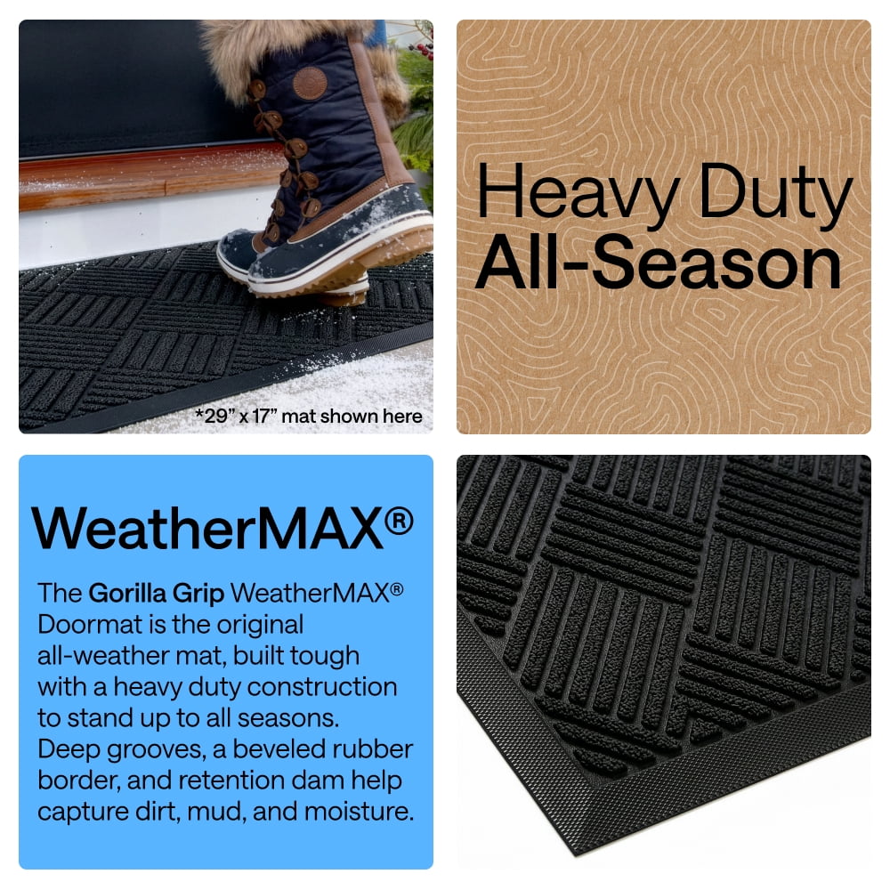 GORILLA GRIP Outside Doormat, WeatherMax Waterproof Indoor Outdoor Door Mat, 29x17 Black Diamond