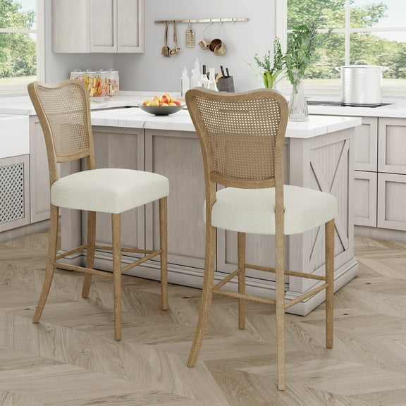 LiviNest Retro Bar Stools Set of 2: Cane Back Counter Stools with Fabric Cushion - Rubberwood Kitchen Island Stools for Home Decor & Dining Areas