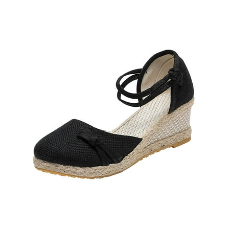 

Nrmvnmi Womens Espadrilles Wedge Sandals Platform Round Toe Closed Toe Ankle Strap Lace Up Summer Shoes Black Mothers Day Gifts