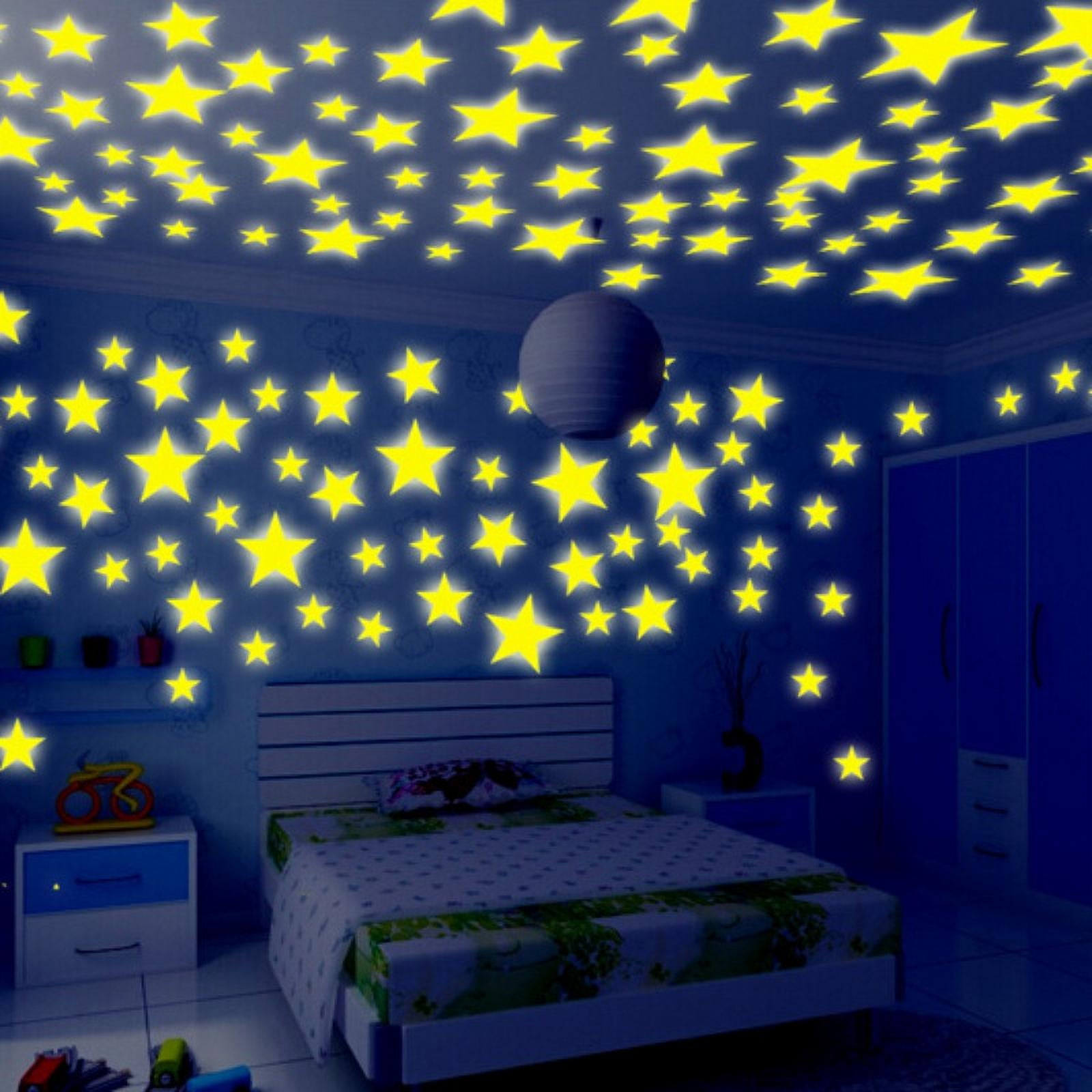 Kids Decal 3D Ceiling Glow In The Dark 100 Plastic Stars Blue Moon Wall Stickers 