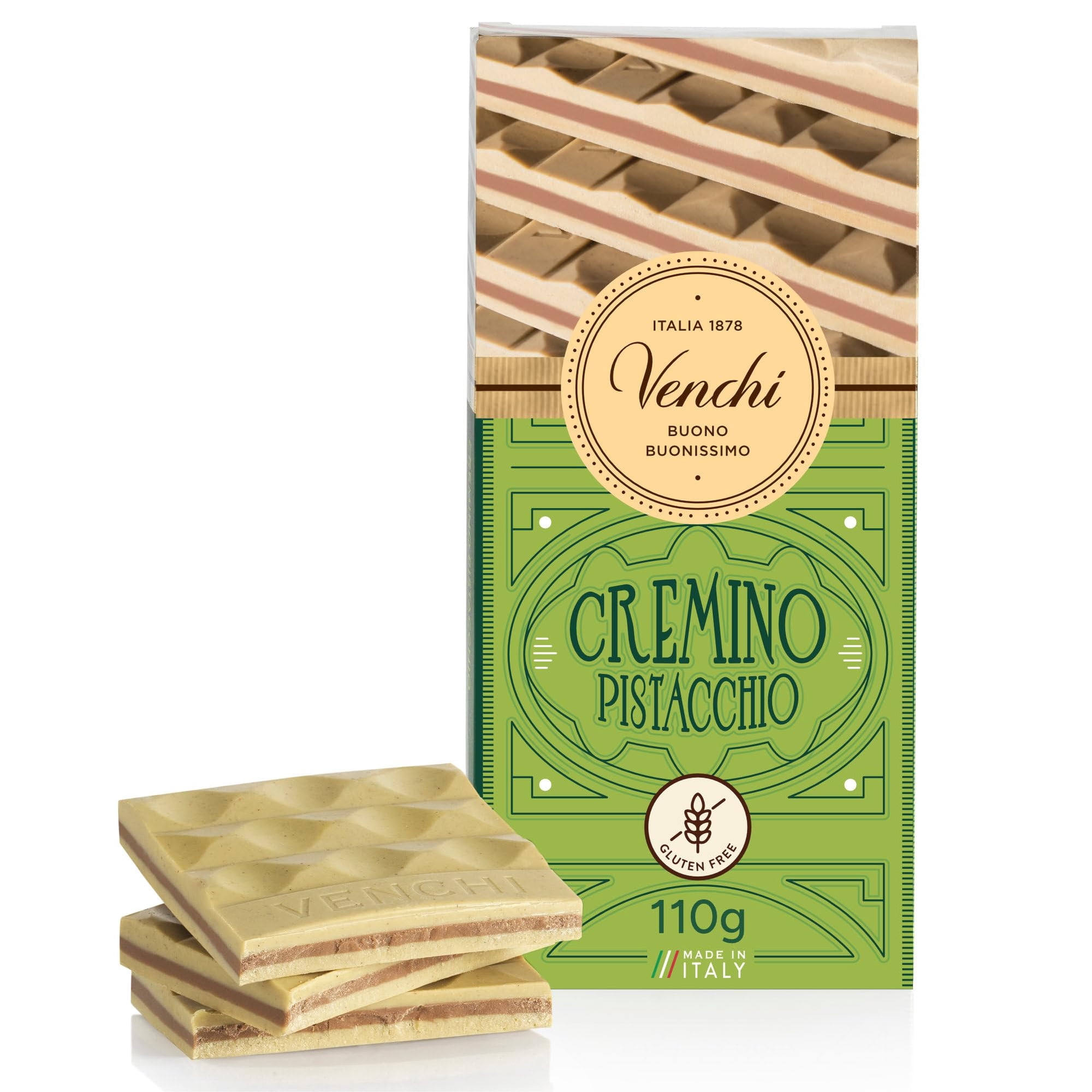 Venchi - Cremino Bar Pistachio Milk and White Chocolate with Pistachio Paste 24 25 lb Gluten-Free Dye-free and Preservative-Free