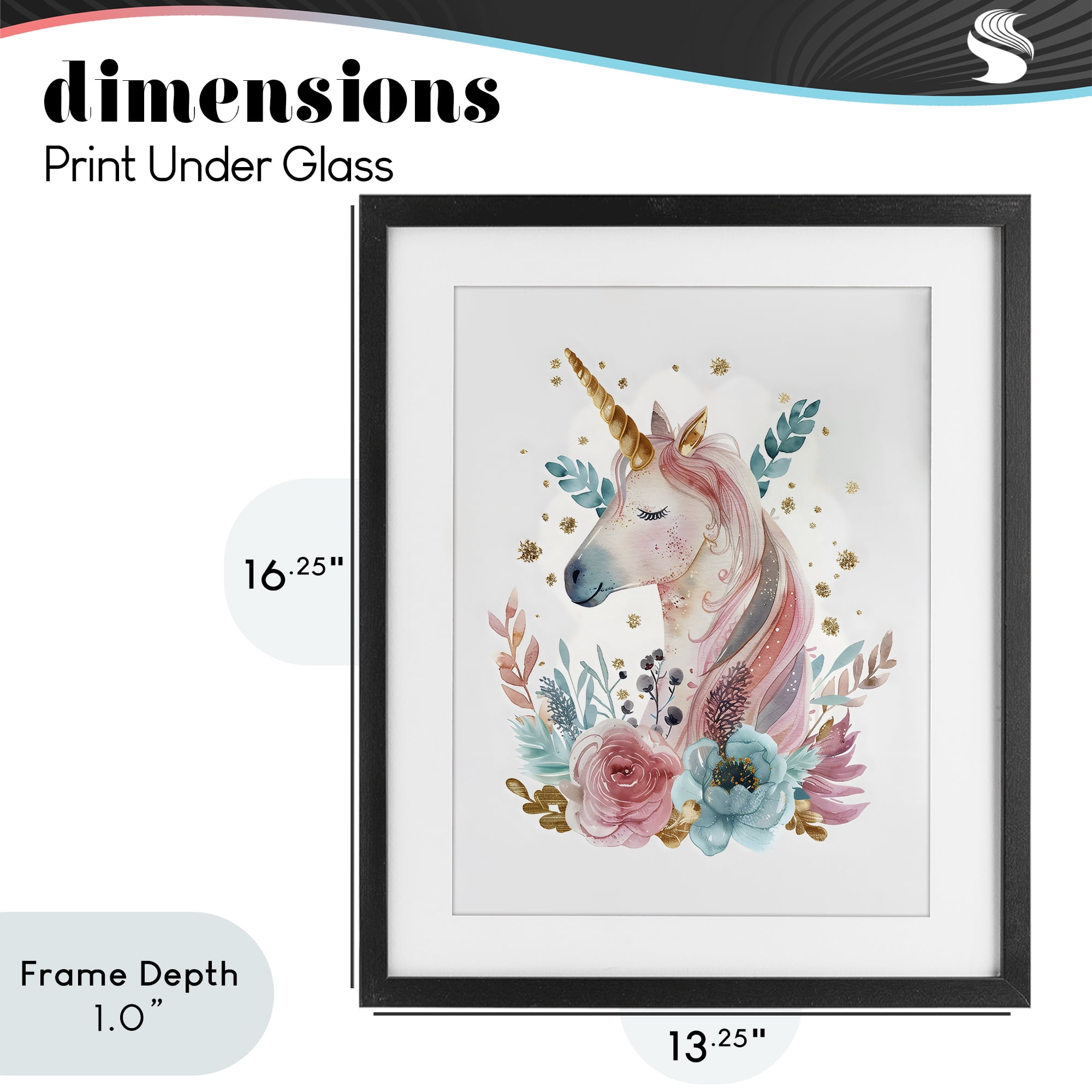 Stupell Industries Floral Unicorn with Gold Details Black Framed Print Under Glass, design by LSR Design Studio