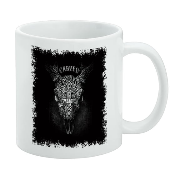 Carved Faith Freedom Religion Steer Skull White Mug