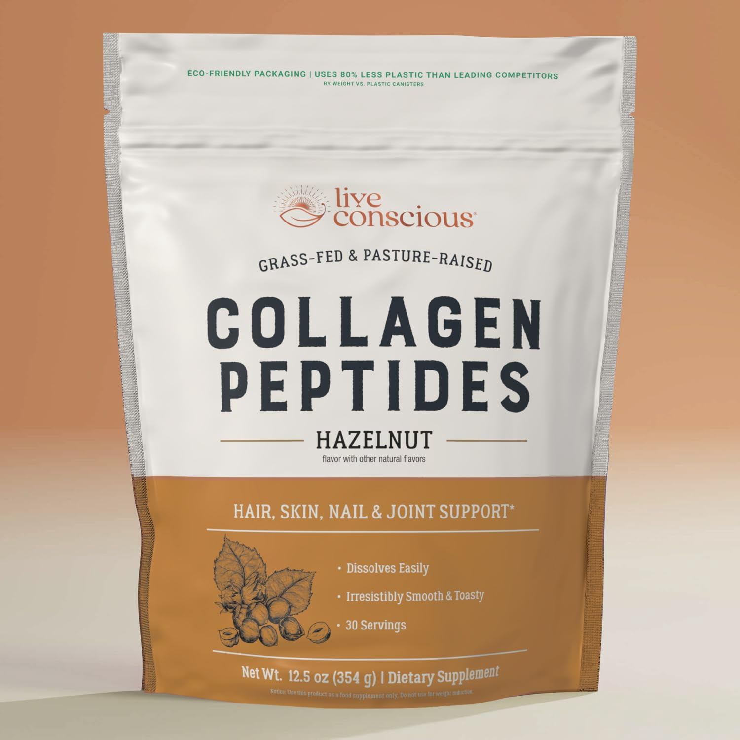 Live Conscious Hazelnut Collagen Peptides Powder, Grass-Fed Types I & III, Skin, Hair, Nails & Joint Support, for Women and Men, 30 Servings