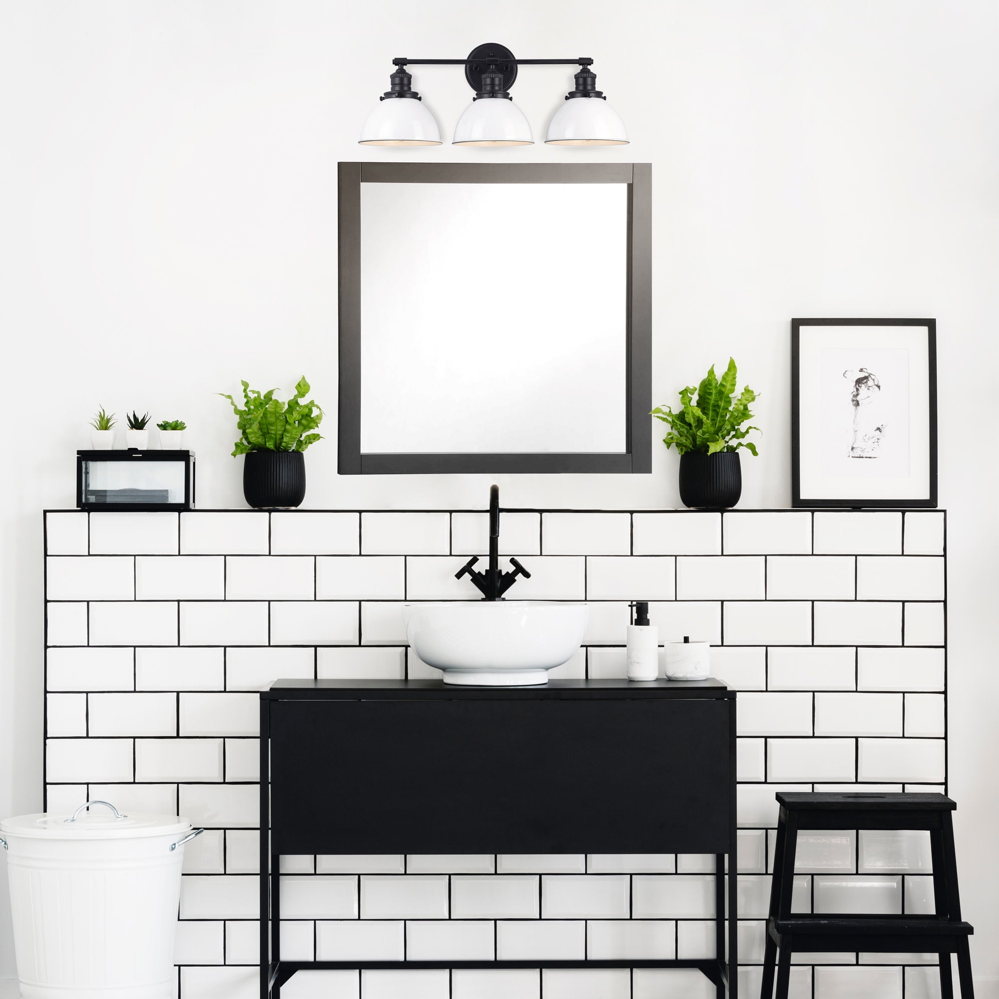 Savannah 3-Light Vanity Light, Matte Black Finish, White Metal Shades, Dimmable, Bathroom Wall Fixture – Design House, WM158830