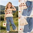thumbnail image 2 of JAJAHO Kids Girl Clothes 2 Piece Outfits Strawberry Crochet Spaghetti Strap Camisole Top Wide Leg Jeans Girls Cute Summer Beach Clothing Set 3-7Y, 2 of 7