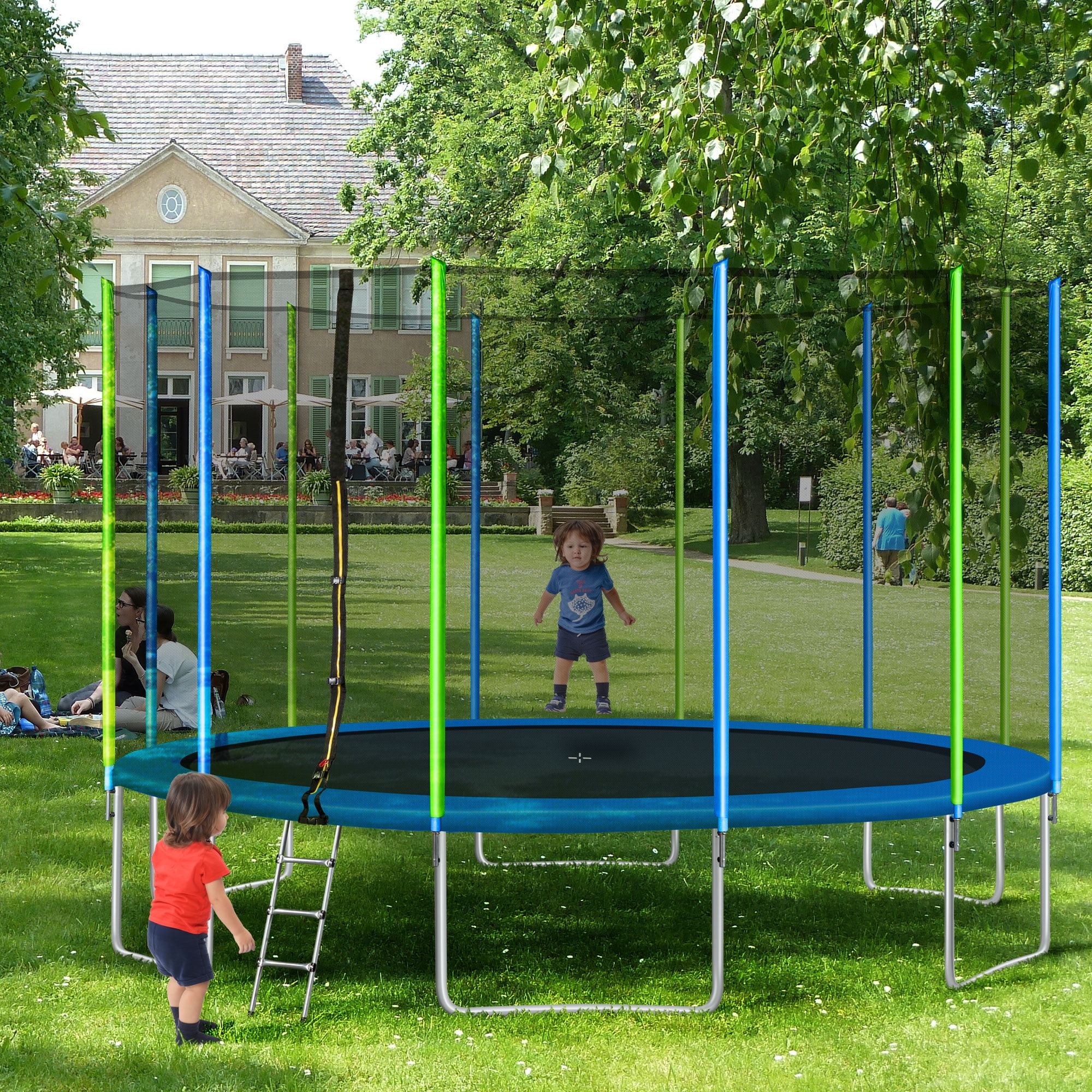 Outdoor Trampoline for Kids, Recreational Trampoline with Safety Enclosure Net, Ladder and Wind Stakes