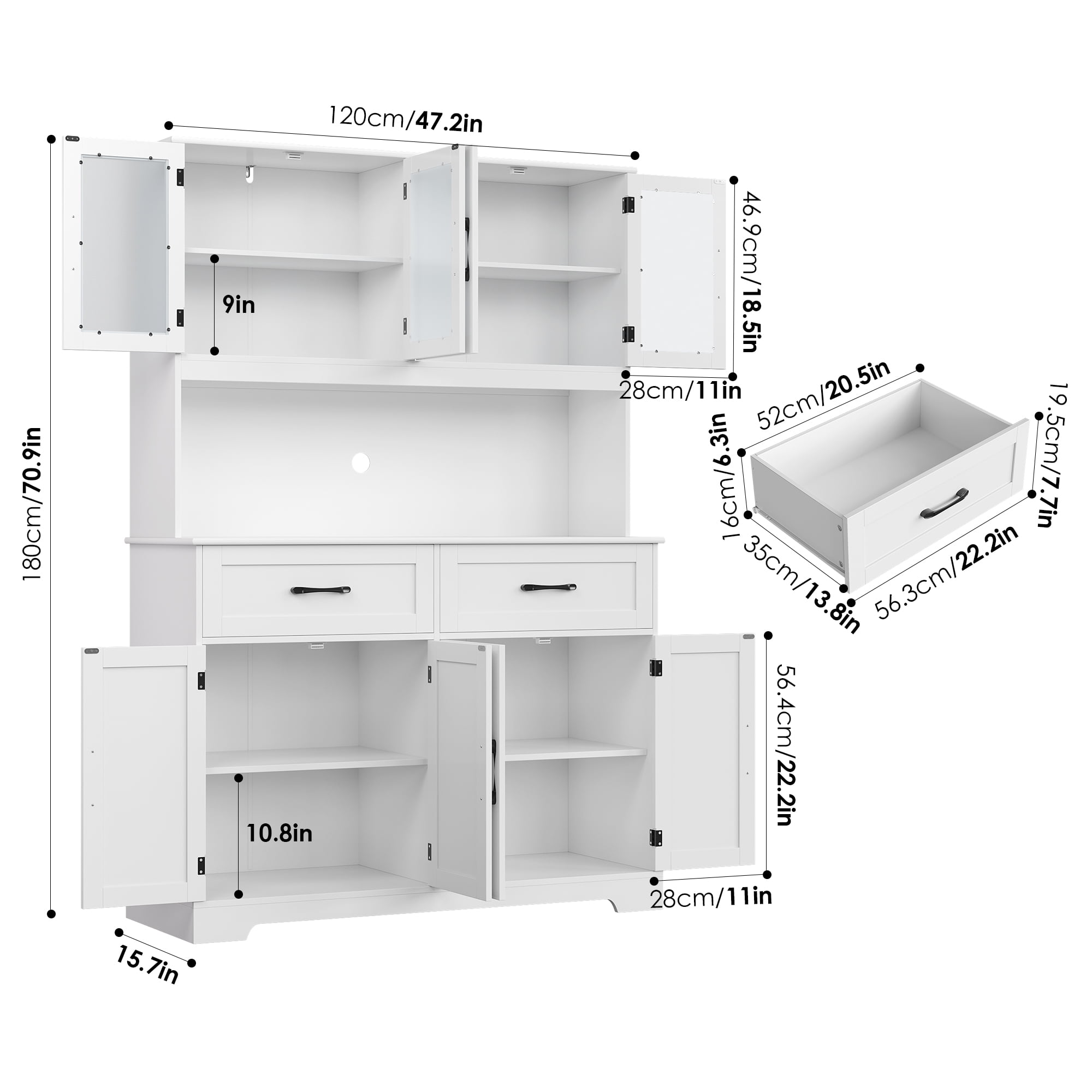 Homfa 71'' Tall 2 Drawer Kitchen Pantry Buffet Hutch, 4 Door Freestanding Cupboard Storage Cabinet, White