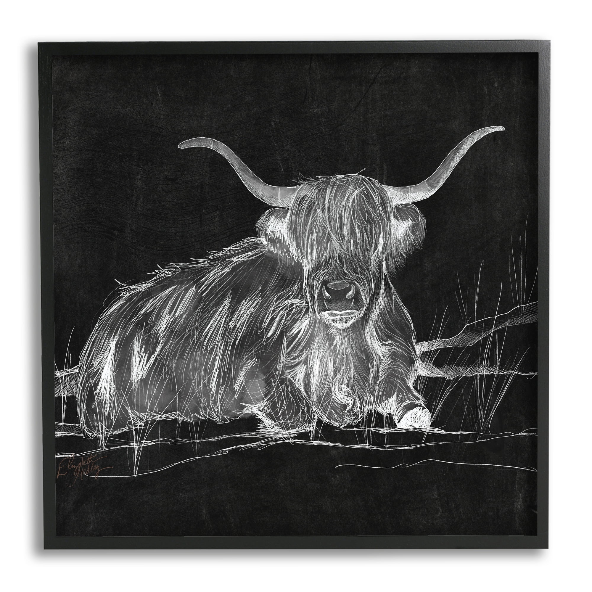 Stupell Industries Contemporary Highland Cattle Laying Negative Drawing Graphic Art Black Framed Art Print Wall Art, Design by Elizabeth Medley
