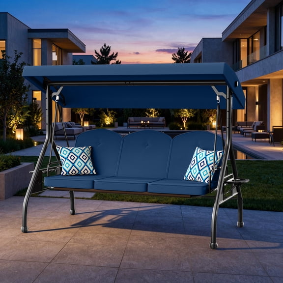 YIKEMA 3-Person Porch Swing with Stand 800lb Capacity Adjustable Canopy 2-in-1 Convertible Outdoor Swing Bed Removable Cushion for Patio, Blue
