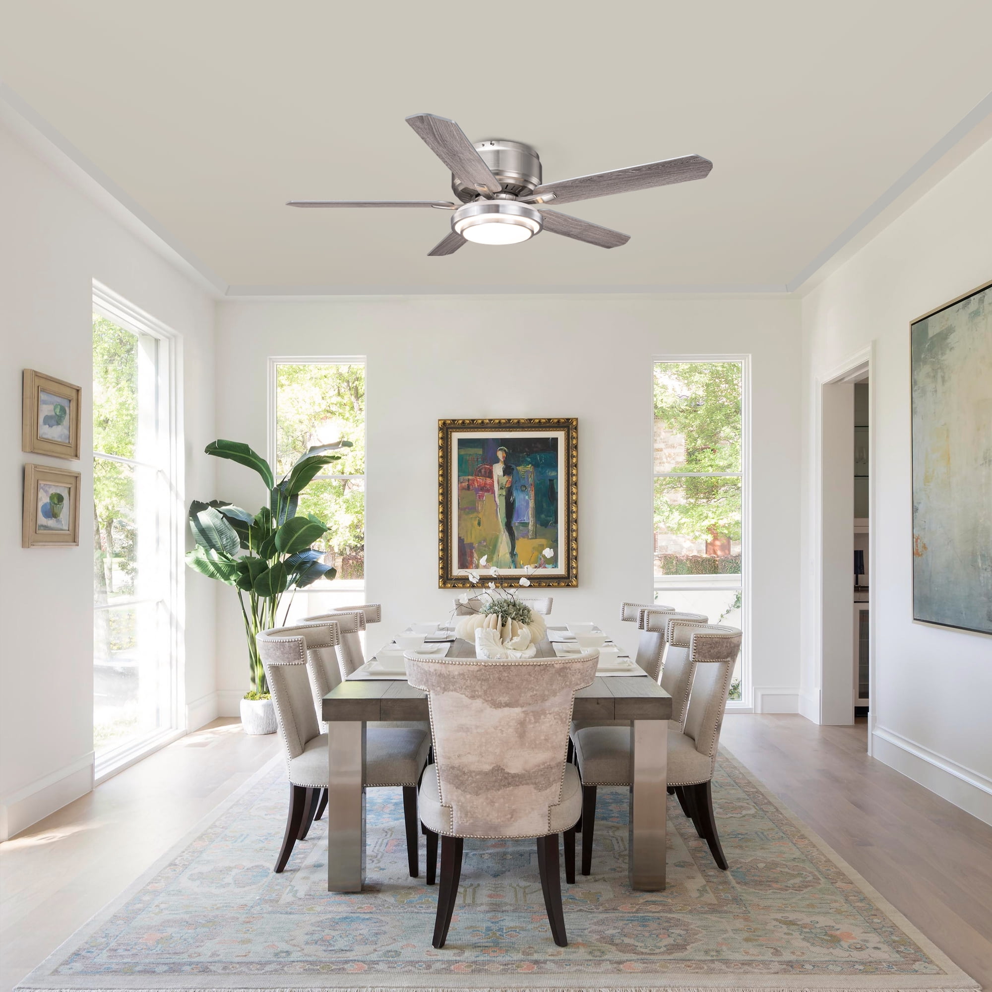 52" Modern Brushed Nickel Flush Mount Smart Ceiling Fan with Dimmable LED Light and Remote