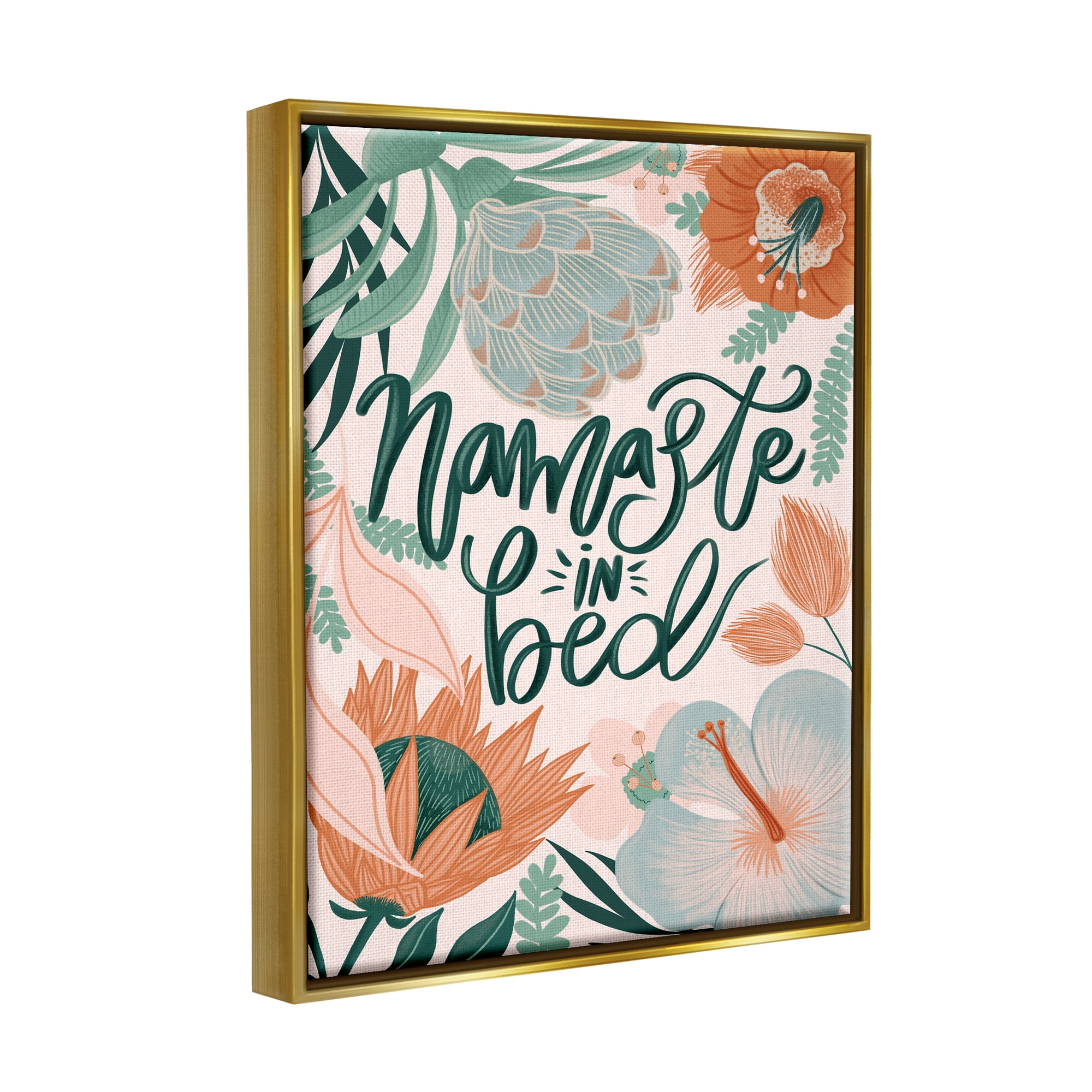 Stupell Industries Namaste In Bed Floral Botanical & Floral Painting Gold Floater Framed Art Print Wall Art, 17 x 21