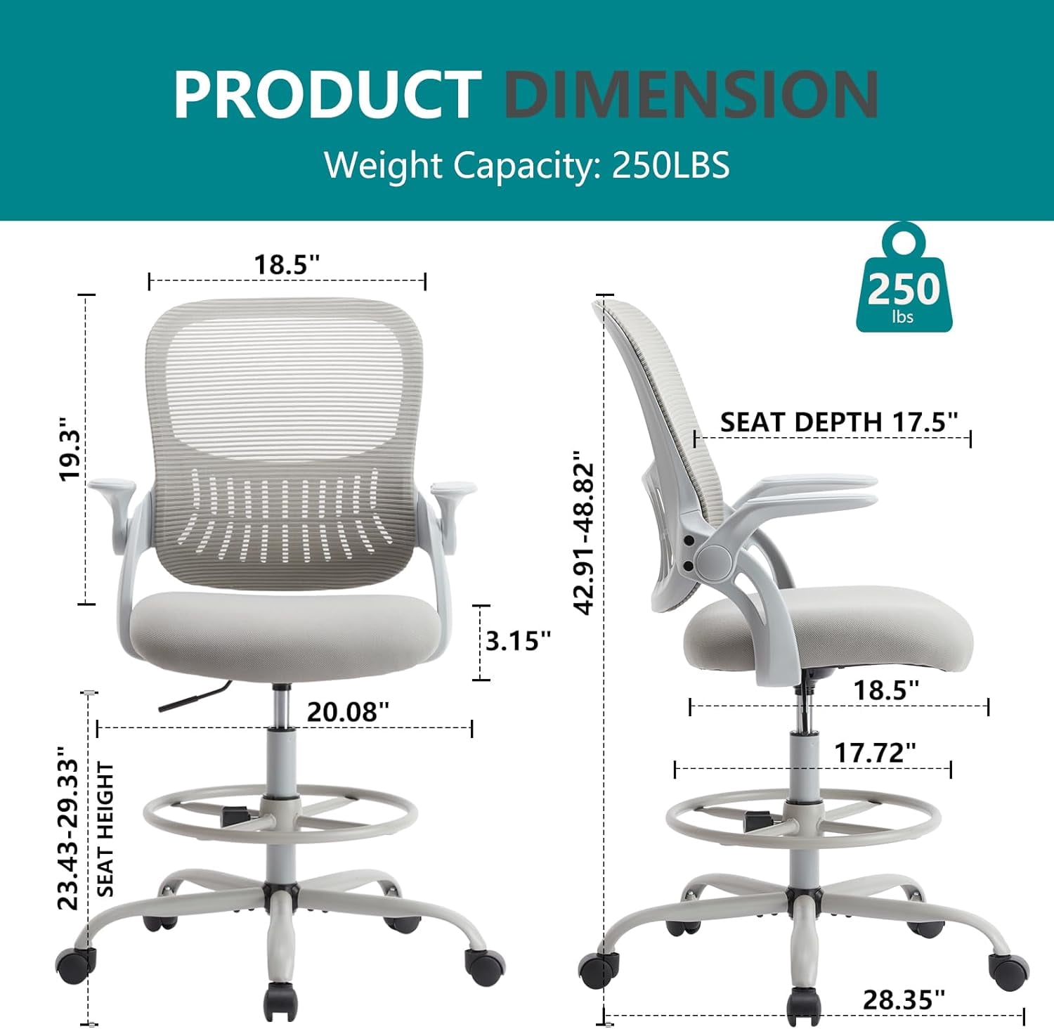 Howcool Drafting Chair Tall Office Chair with Adjustable Foot Ring, Height Adjustable Swivel Rolling Counter Height Chair for Standing Desk Home Office