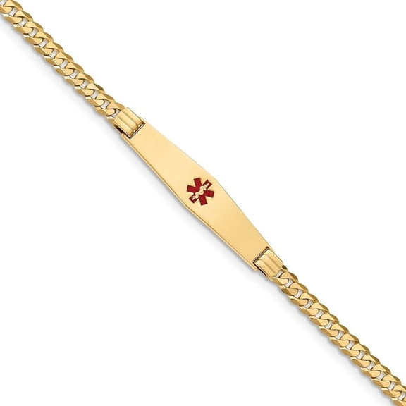 Primal Gold 14 Karat Yellow Gold Medical Soft Diamond Shape Red Enamel Curb Link ID Bracelet