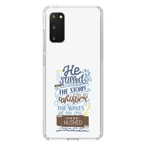 DistinctInk Clear Shockproof Hybrid Case for Galaxy S20 / S20 5G (6.2" Screen) - TPU Bumper, Acrylic Back, Tempered Glass Screen Protector - Psalm 107:29 - He Stilled the Storm, Waves Were Hushed