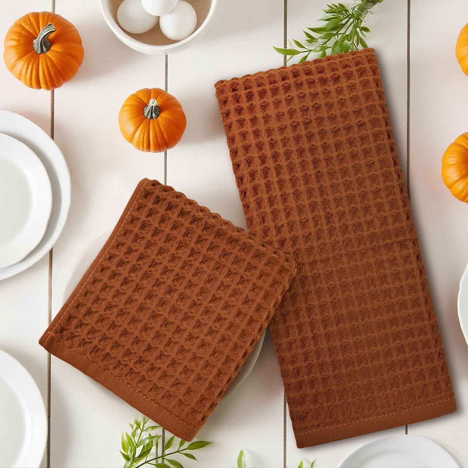 Waffle Hand Towels for Bathroom Kitchen 2-Piece (Rust) – Cotton Quick Dry, Super Soft, Absorbent Towels for Fall Decor, 13x29”