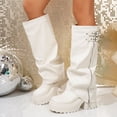 thumbnail image 2 of White Tall Boots For Womens Round Toe Chunky Heel Knee High Winter Raised Sole Slouchy Shaft Casual Versatile Trendy Non-Slip Daily Wear Footwear Size 40, 2 of 8