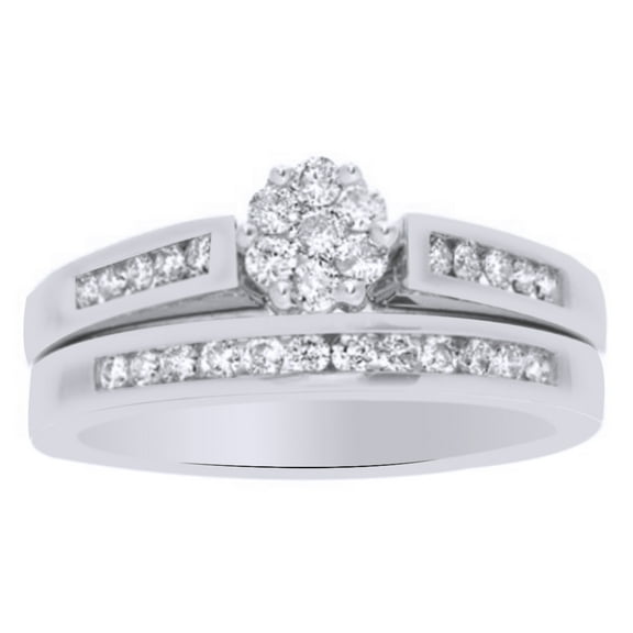 AFFY White Natural Diamond Flower Bridal Ring Set In Solid Gold (1 Cttw)