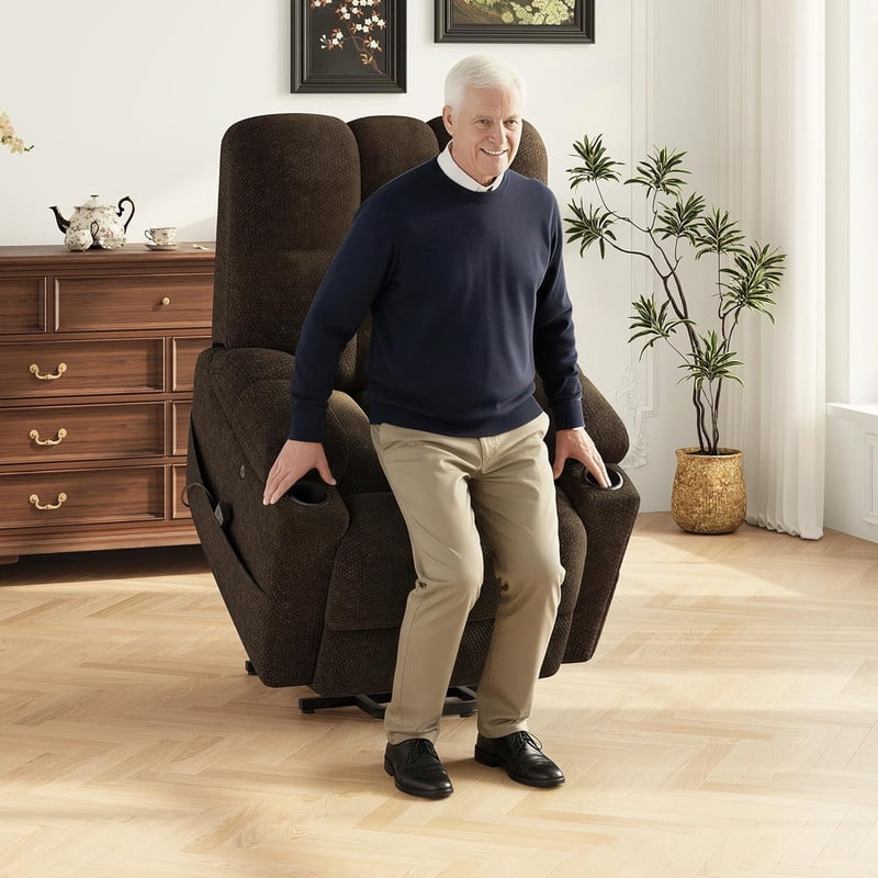 COLAMY Serene Dual Motors Power Lift Recliner Chair with Massage and Heat for Elderly People, Independent Adjustable Backrest Headrest, Extended Footrest，USB Charging Ports and Cup Holders, Coffee