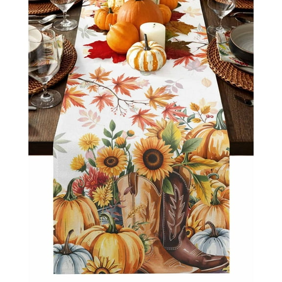 Fall Table Runner Thanksgiving Harvest Pumpkin Table Runners Cowboy Boots Sunflower Maple Leaf Cotton Linen Dresser Scarf Kitchen Dining Table Decor for Fall Holiday Party Decor 13x90 Inch