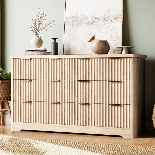 Ourlova Commode Cannelée à 6 Tiroirs Armoire Moderne en Bois Robuste Rangement de Chambre avec Rainures Ondulées Commode Minimaliste pour la Maison
