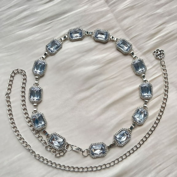 Zhuge 2-Pack Women’s Crystal Waist Chain Belt, Adjustable Shiny Dress Chain for Evening & Formal Wear,Silvery