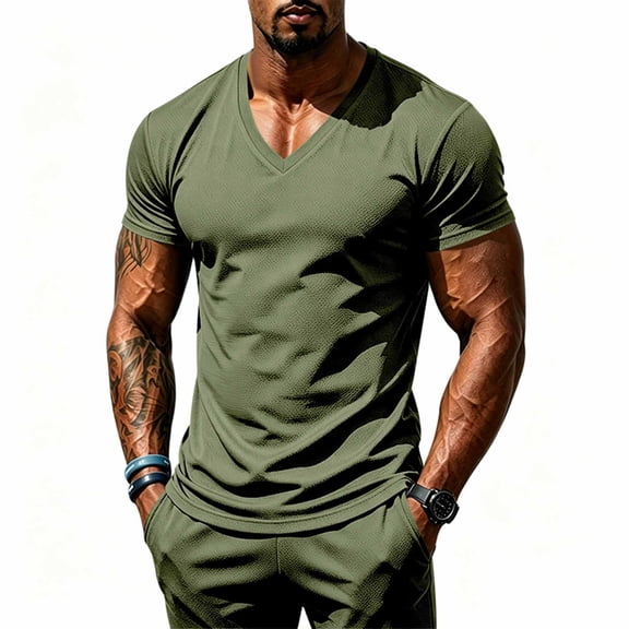 VgaVtl Summer T Shirt for Men Muscle Short Sleeve V-Neck Workout Solid Color Leisure Quick Drying Slim Shirts for Men