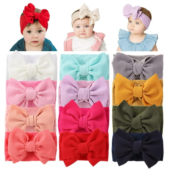 12 Pack Oversized Colorful Solid Stretchy Nylon Headbands with Big Bow Large Knot Hair Bows Soft Elastic Hair Bands Hair Accessories Wide Headwraps for Newborn Baby Girls Infants Toddlers Kids