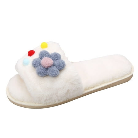 

GNEIKDEING Women Toe Home Flat Slippers Shoes Open Keep Furry Slip On Warm Flowers Winter Women s Slipper Gift on Clearance