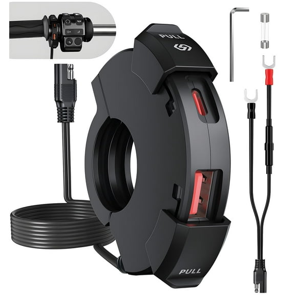 Motorcycle USB Charger, Ultra-Narrow PD30W & Quick Charge 3.0 Motorcycle Phone Charger, Dual Outer Port Waterproof SAE to USB Motorcycle Handlebar Charger for Phone, GPS, DC12-24V